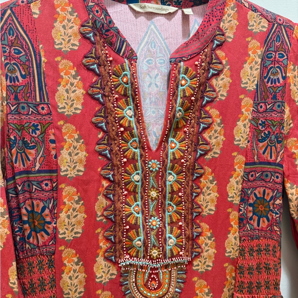 Soft Surroundings Red and Gold Long Sleeve Dress PXS Thanksgiving perfect. - Picture 7 of 15